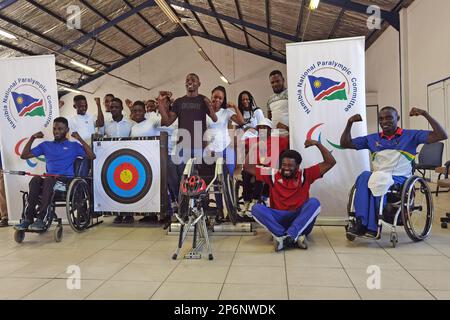 Windhoek, Namibia. 7th Mar, 2023. Participants pose for photos during the first ever Para Sport Festival held in Windhoek, Namibia, on March 7, 2023. TO GO WITH 'Namibia hosts first para sport festival to attract new talent, drive inclusivity' Credit: Ndalimpinga Iita/Xinhua/Alamy Live News