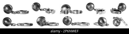 Set with metal balls and chains on white background, banner design Stock Photo