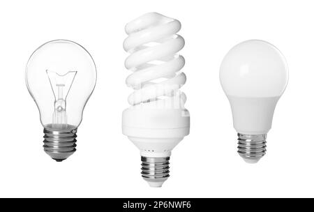 Comparison of different light bulbs on white background, collage Stock Photo