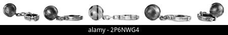 Set with metal balls and chains on white background, banner design ...