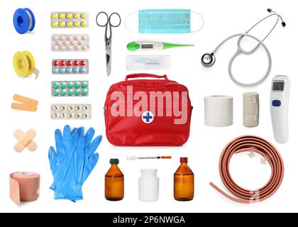 First aid kit. Set with different medical supplies on white background Stock Photo