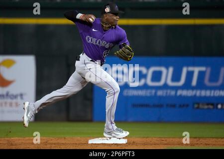 Scottsdale, United States. 05th Mar, 2023. Colorado Rockies shortstop Julio  Carreras (83) agrees with the umpire on a called strike during a MLB spring  training game vs the Chicago Cubs Sunday, March