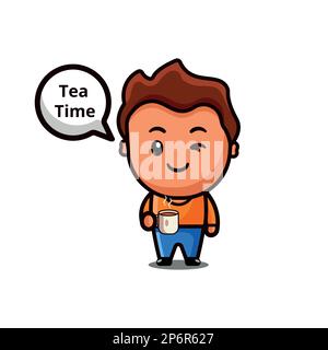 Cute boy Leo holding tea cup and enjoy tea vector icon. Stock Vector
