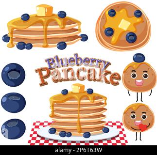 Blueberry pancake elements set illustration Stock Vector