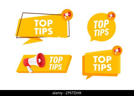 Megaphone label set with text Top tips. Megaphone in hand promotion banner. Marketing and advertising Stock Vector