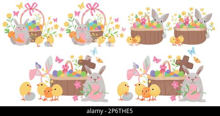 Cartoon vector illustrations for Easter holiday, with a cute cartoon bunny, egg basket, chicks, flowers and other Easter elements. Stock Vector