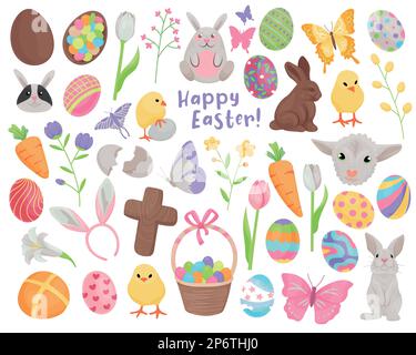 Set of Easter holiday celebration themed vector illustrations. Colorful, cartoon style, hand drawn elements isolated on a white background. Stock Vector