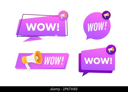 Megaphone label set with text Wow. Megaphone in hand promotion banner. Marketing and advertising Stock Vector