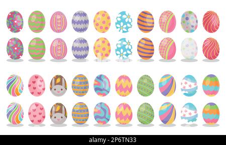 Set of colorful decorated Easter eggs, vector holiday celebration illustrations with simple shading, isolated on a white background. Stock Vector