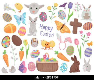 Set of Easter holiday celebration themed vector illustrations. Colorful, cartoon style, hand drawn elements isolated on a white background. Stock Vector