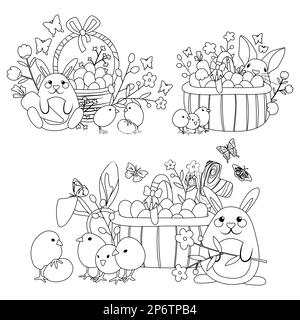 Cartoon vector illustrations for Easter holiday, with cute cartoon bunny, egg basket, chicks, flowers and other elements. Black and white for coloring Stock Vector