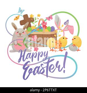 Happy Easter design element for greeting cards, postcards, flyers, with a cute cartoon bunny, egg basket, chicks and other Easter elements and text. Stock Vector