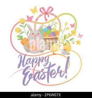 Happy Easter design element for greeting cards, postcards, flyers, with a cute cartoon bunny, egg basket, chicks and other Easter elements and text. Stock Vector
