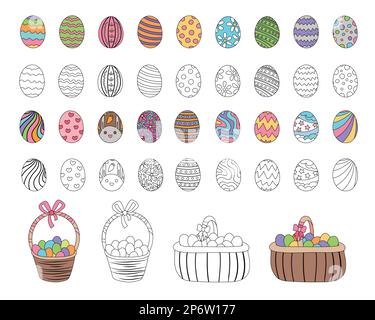 Set of colorful decorated Easter eggs, flat color with black outlines and black and white version, vector holiday celebration illustrations. Stock Vector