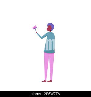 Woman painter in process of picture creation. Artist with a painting brush in one hand in moment of inspiration. Stock Vector