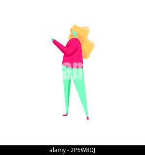 Illustration Of A Lady in Casual Standing Alone Presenting Strategic Plans. Female Showing Something With Her Hands Pointing. Stock Vector
