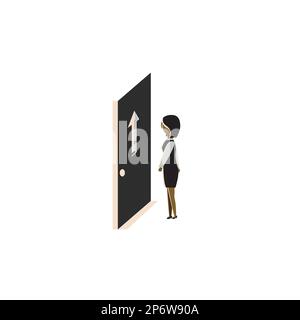 Woman executive in formal suit waiting in front of a door with a big arrow on it. Lady standing in queue to enter building or exit room in case of Stock Vector