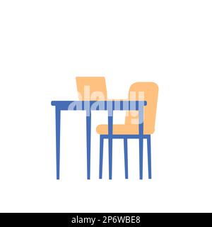 Vector illustration with school and office supplise laing on desk. Paper, pencil, pen, ruller, calendar. Letters digits. Hand drawing bright color Stock Vector