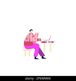 Laptop with important information on the screen. Man typing main message. People whatching on monitor. Single bright colored object on white Stock Vector