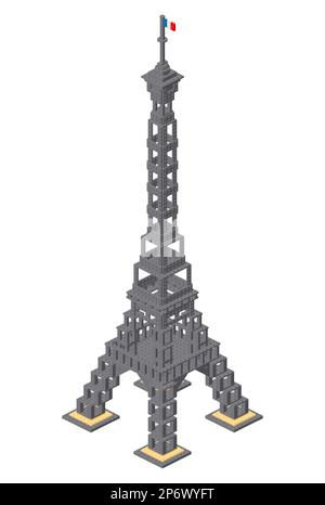 Eiffel tower assembled from plastic blocks in isometric style for print and design. Vector illustration. Stock Vector