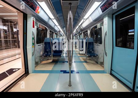 Interior shot of a subway car. there are no people in the subway car. Stock Photo