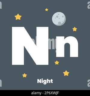 Cute children ABC alphabet flashcard words with the letter N for kids learning English vocabulary. Night. Vector illustration Stock Vector