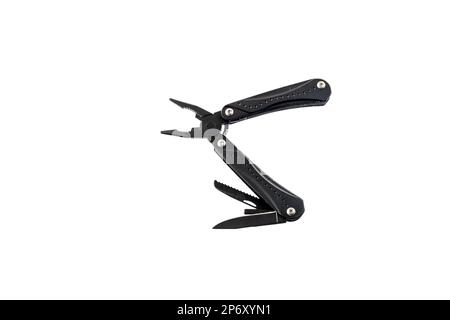 Multi use folding knife with several accessories isolated on white background Stock Photo
