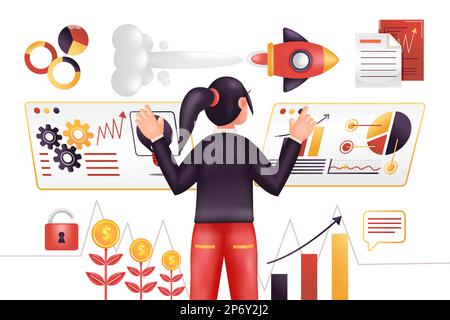 Business strategy. 3d illustration of woman making strategy for company progress, with rocket ornament Stock Vector