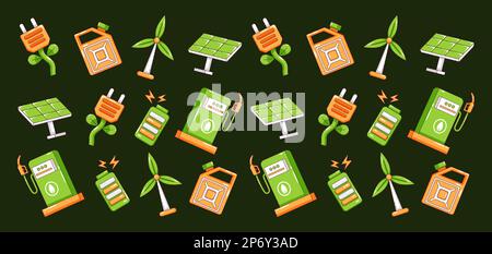Green energy. Solar panel, wind turbine, battery and petrol icon pattern Stock Vector