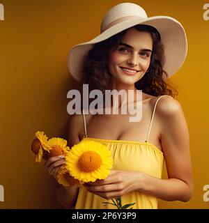 anime girl wearing straw hat holding a sunflower