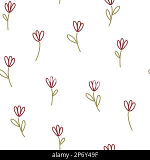 Hand drawn scribbled tulips on white background. Childrens doodle floral all over print. Spring small lowers on white background Stock Photo
