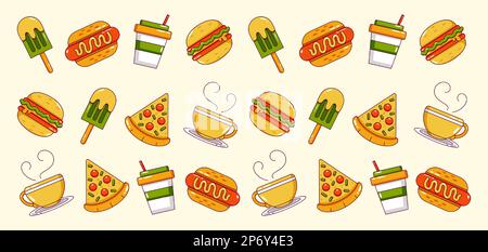 Food and Drink. Hotdog, burger, pizza, coffee and ice cream icon pattern Stock Vector