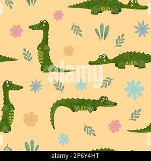 Funny crocodile seamless pattern. Cute wild animals and flowers on yellow background. Allover clothing print Stock Photo