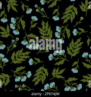 Floral seamless pattern with set of hand drawn textured blue flowers isolated on black background Stock Photo