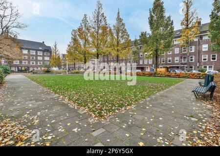 Amsterdam, Netherlands - 10 April, 2021: an empty park in the netherlands, with autumn leaves on the ground and buildings in the background stock photo - 95897 Stock Photo
