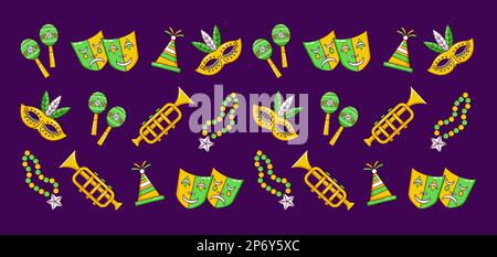 Mardi Gras Carnival. Mask, trumpet, necklace, maracas and party hat icon pattern Stock Vector