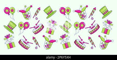 Mardi Gras Carnival. Clown mask, balloon, hat, bunny, firecracker and drum icon pattern Stock Vector