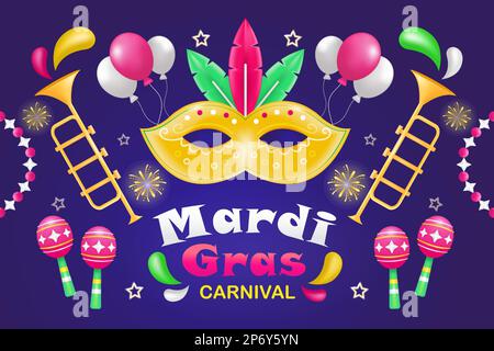 Mardi Gras Carnival. illustration of 3d masks, maracas, trumpets and fireworks ornaments Stock Vector