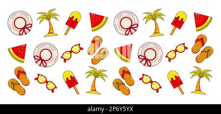 Summer holiday. Hat, glasses, ice cream, sandals, coconut tree and watermelon icon pattern Stock Vector