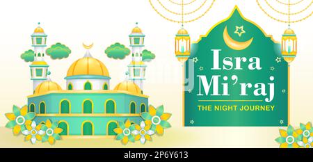 Isra Miraj, 3d illustration of a mosque with flower and cloud ornaments Stock Vector