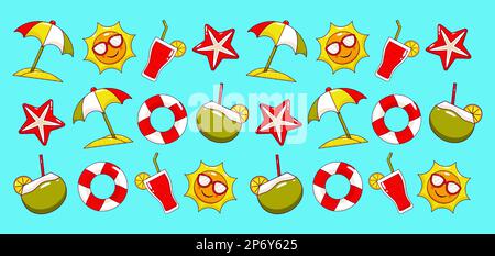 Summer holiday. Sun, coconut water, umbrella, float and juice icon pattern Stock Vector