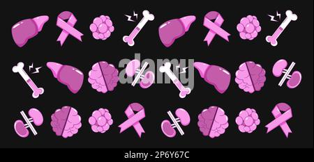 World Cancer Day. Heart, bone, kidney, brain and ribbon icon pattern Stock Vector