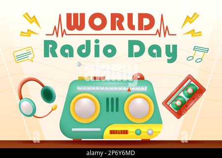 World Radio Day. 3d illustration of radio, headset, cassette and mic Stock Vector