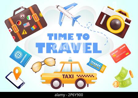 Time to Travel. 3d illustration of camera, taxi car, suitcase, plane, passport and glasses Stock Vector