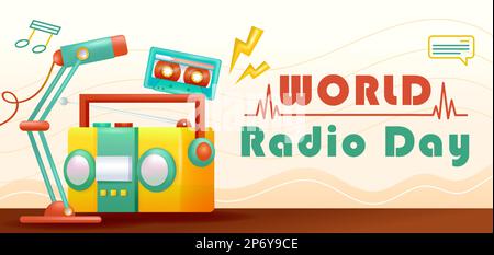 World Radio Day. 3d illustration of radio, headset, cassette and mic Stock Vector