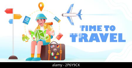 Time to Travel, 3d illustration of man sitting on suitcase looking at flight destination Stock Vector