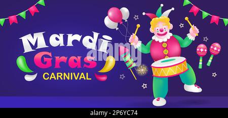 Mardi Gras Carnival. 3d illustration of a clown playing a drum with maracas ornament, fireworks and balloons Stock Vector