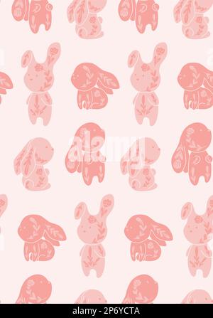 Vector gentle seamless pattern with pink decorated bunnies in row. Nursery texture with folk art rabbits. Childish backdrop with ornamental tracery Stock Vector