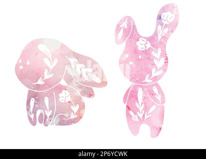 Vector set of cute watercolor decorated rabbits. Collection with cartoon pink hares with floral pattern and dye splashes. Folk art bunnies. Clip arts Stock Vector
