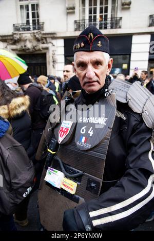 Paris, France. 7th Mar, 2023. The demonstration started Place le Corbusier for the sixth day of mobilization against the pension reform in Paris. Stock Photo